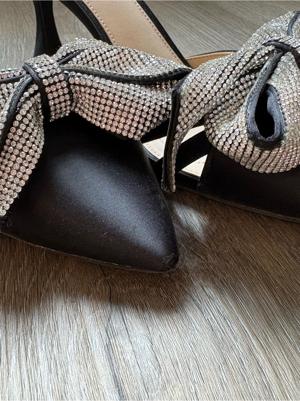 Alex Marie Black Satin Pointed Slingback Heels with Crystal Bow - Picture 2 of 5